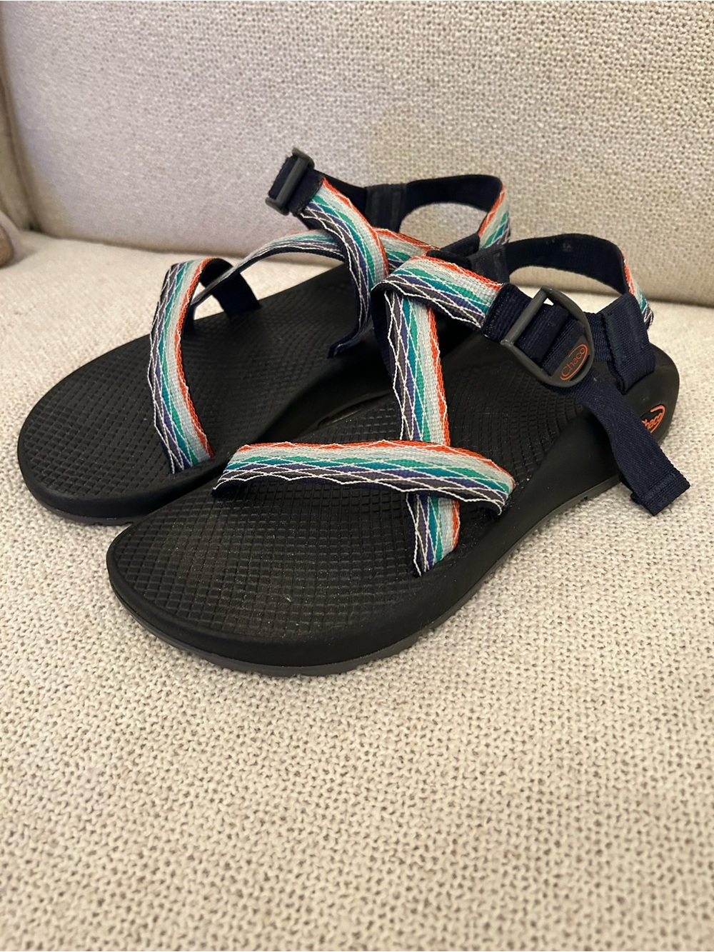 Women's 9 Chaco Black Sandal with Navy & Multicolor Straps